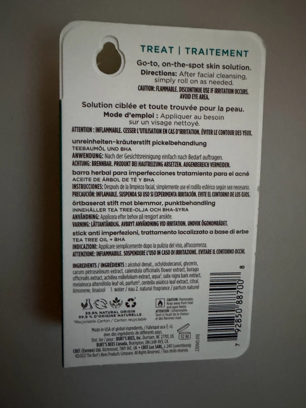 4 Burt's Bees Herbal Blemish Stick Tea Tree Oil/BHA for On the Go Acne Treatment
